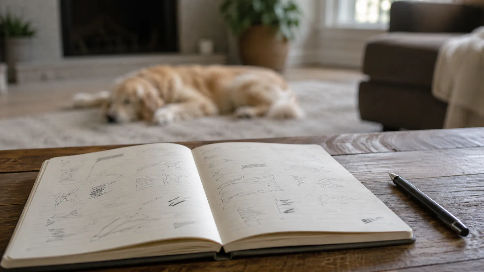 Caderno de registros com o cão descansando ao fundo
